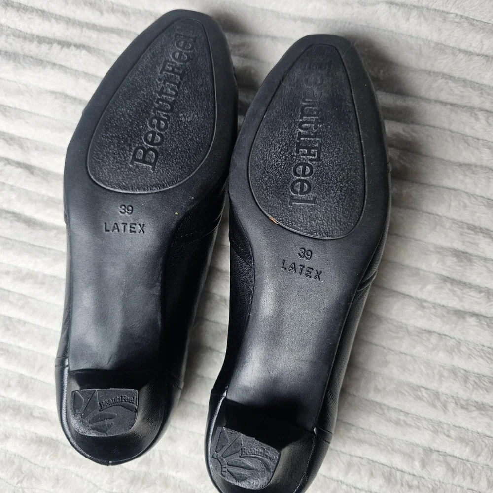 BeautiFeel Black Leather‎ Slip On Kitten Heel Pumps Shoes Office Career Luxury